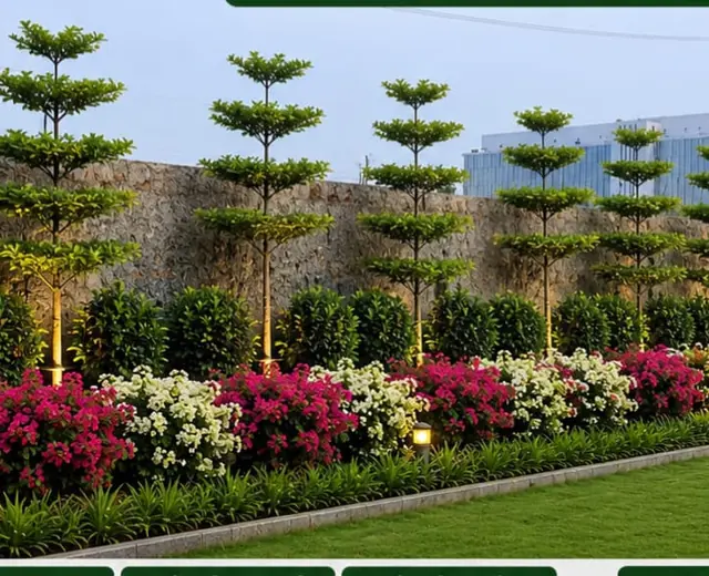 Formal garden with shaped trees and flowering border