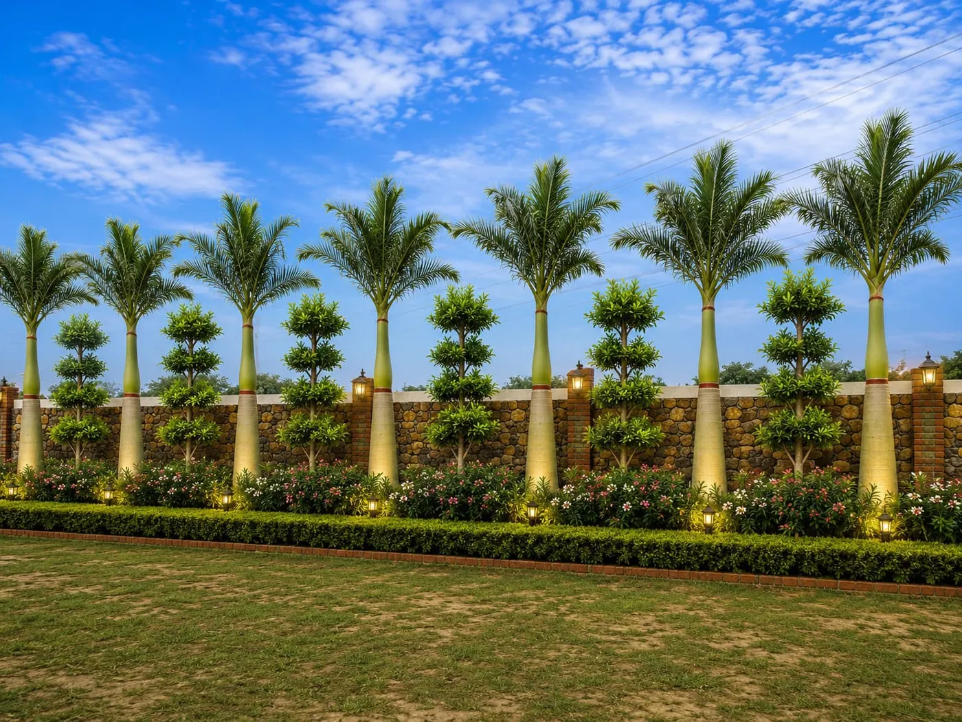 Palm trees planted along a landscaped lawn