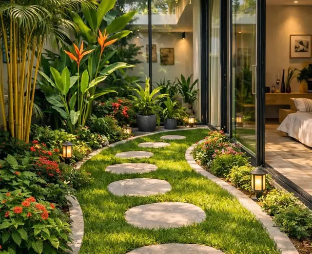 Garden path surrounded by tropical plants and flowers